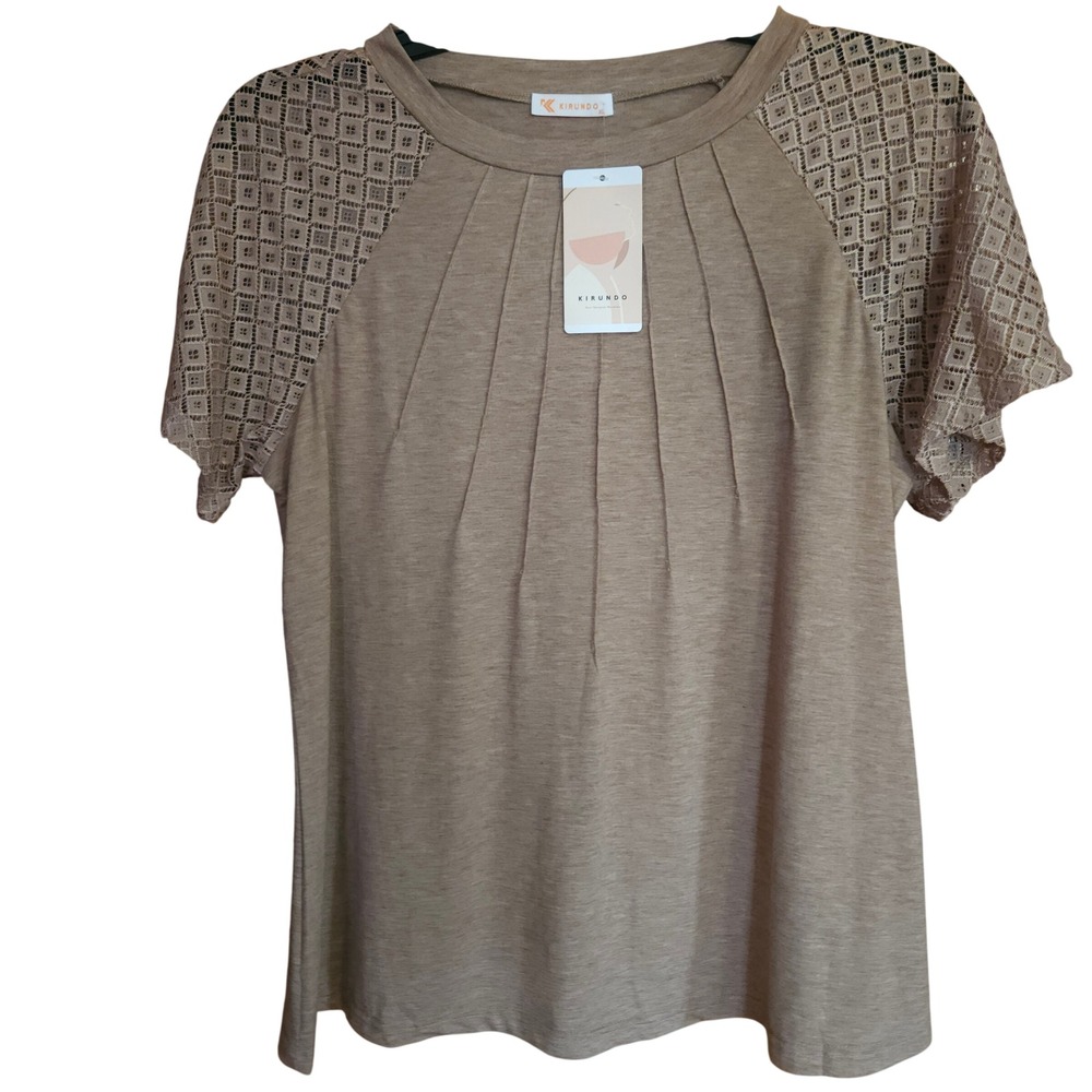 Kirundo Women XL Taupe Pleated Neck Crochet Lace Blouse Boho Cottagecore Top NWT